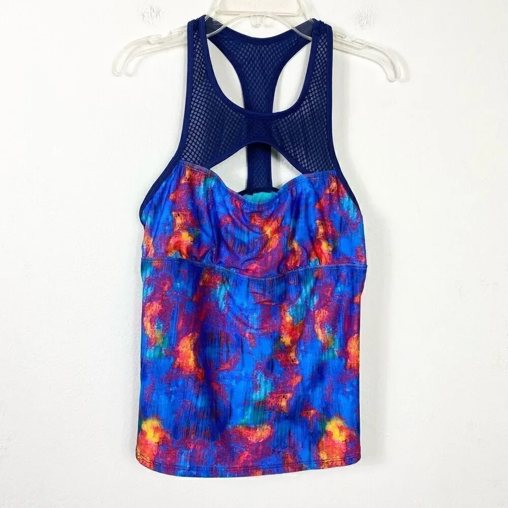 Title Nine Jane Bond Blueberry Marble Print Mesh Cutout Tankini Swim Top Size M